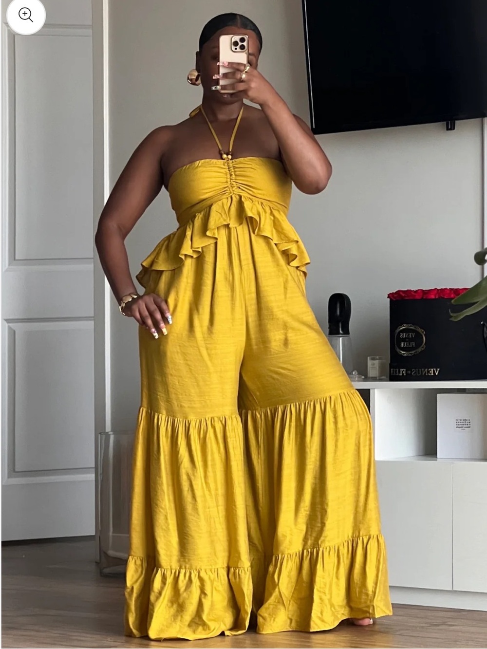 Strapless Ruffle Wide-Leg Jumpsuit - Mustard Yellow